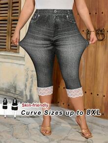 SHEIN CURVE+ Curve 尺码 US22 音乐节、海滨度假、波西米亚风女士休闲牛仔印花打底裤 - 黑色 - 查看 8