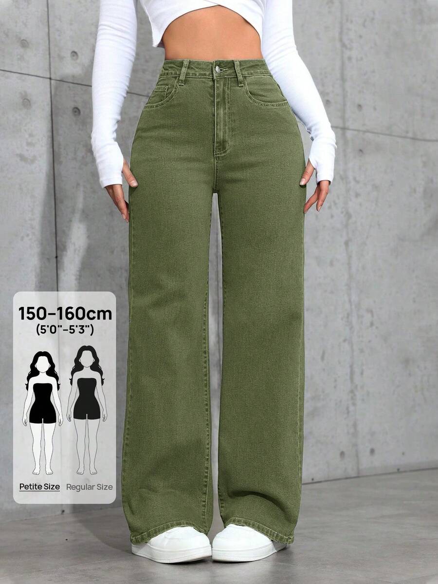 Jeanoix Petite Women's High Waist Pockets Casual Straight Leg Jeans - Army Green - View 1