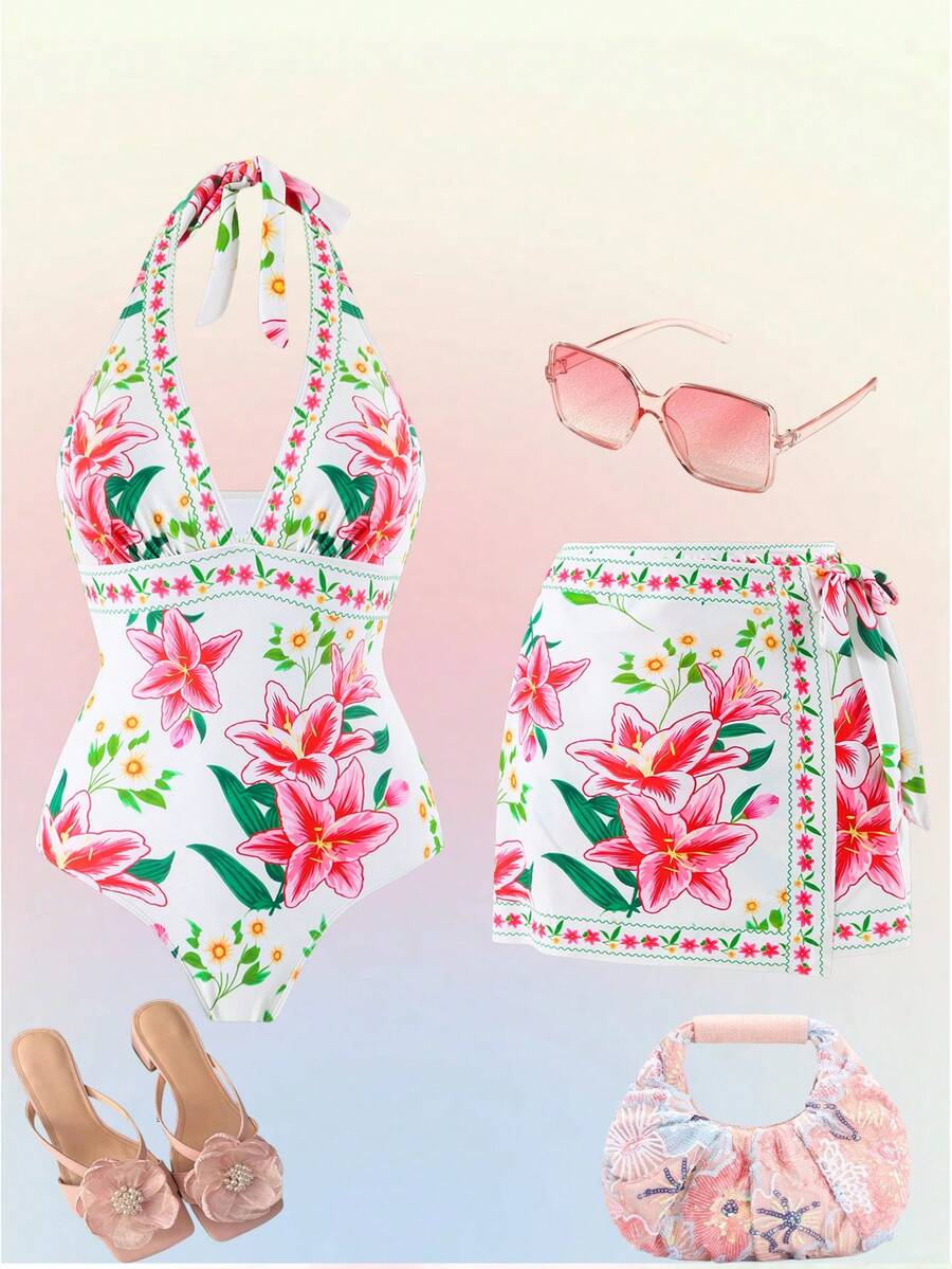 Swim Oasis 2026春夏大码连体泳衣,植物印花简约设计,女士款 - 彩色 - 查看 1