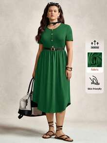 Zelara Plus Size Basic Front Button Decor Round Neck Short Sleeve Comfortable Black Dress, Spring/Summer - Green - View 1