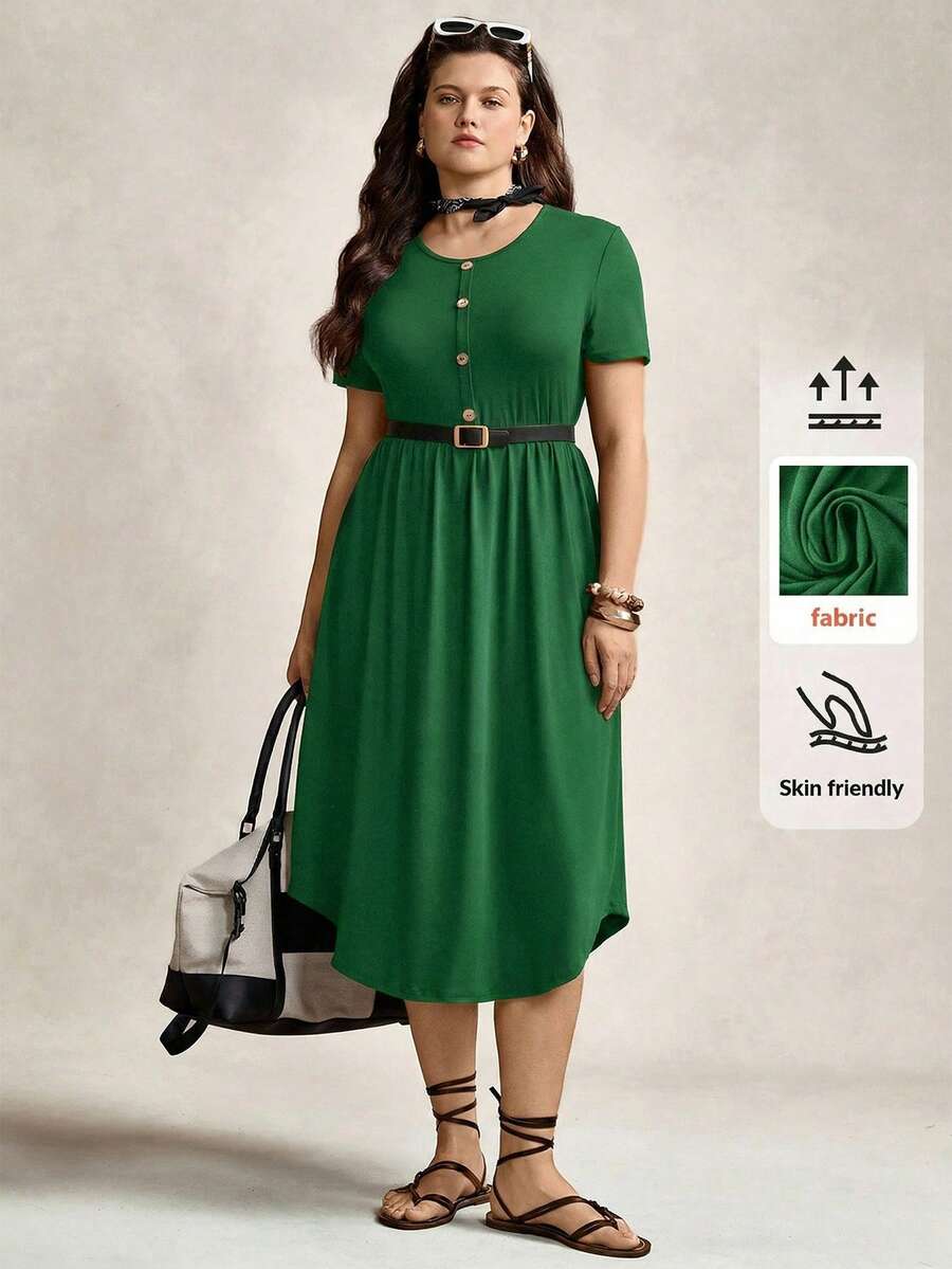 Zelara Plus Size Basic Front Button Decor Round Neck Short Sleeve Comfortable Black Dress, Spring/Summer - Green - View 1