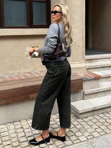Quần jean denim thường ngày đa năng dành cho bà bầu, có túi và khuy cài, phù hợp để mặc hàng ngày. - màu đen - Xem 2