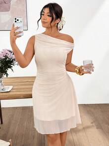 Lounesse Plus Size Summer Romantic Minimalist Tie-Dye Asymmetric Neck Dress, Waist Ruched Midi Dress One Shoulder Dress Elegant Dress Dresses White Dress - Apricot - View 4