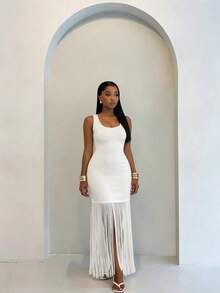 BamGleam Vestido elegante de unicolor con diseño de flecos, adecuado para el verano - Beis - Ver 2