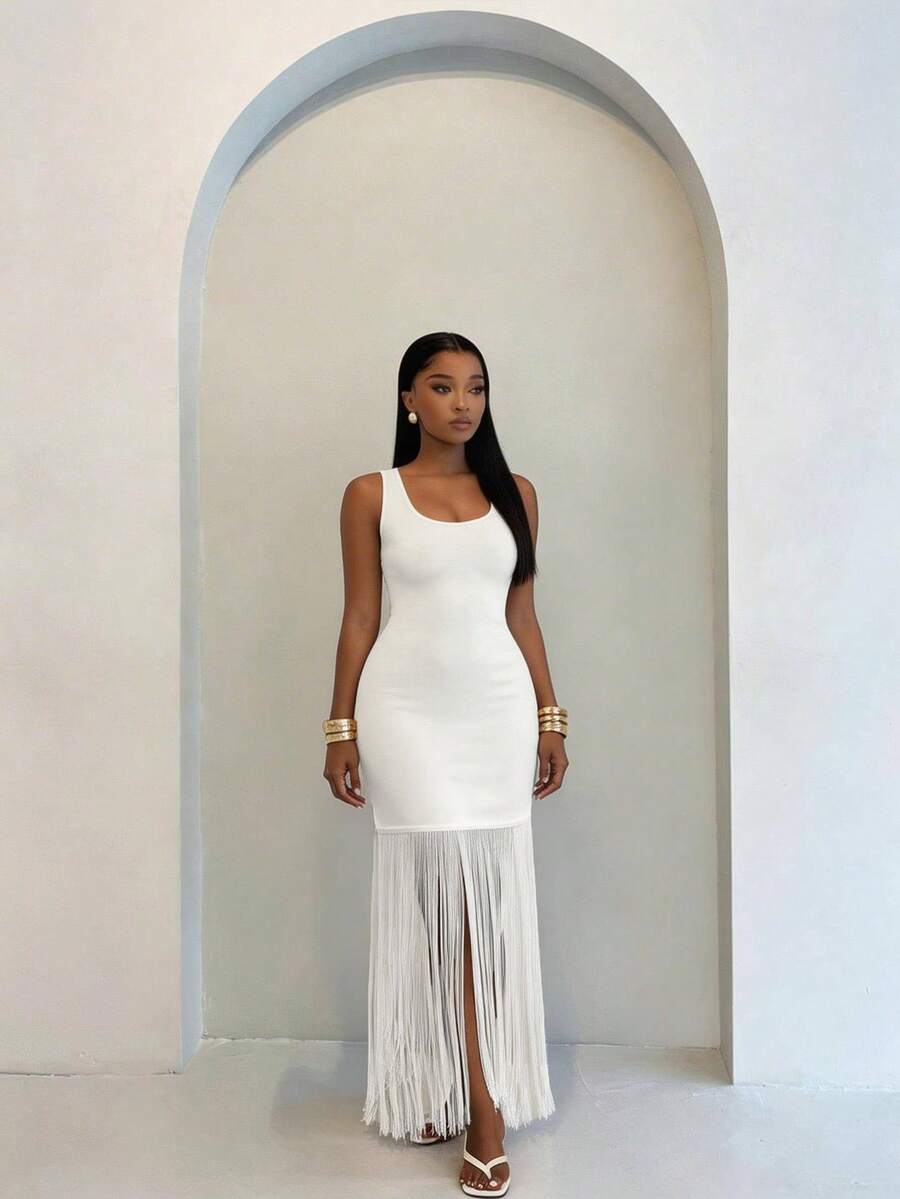 BamGleam Vestido elegante de unicolor con diseño de flecos, adecuado para el verano