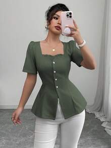 Elenzga Women's Elegant French Style Casual/Commuter/Vacation Solid Color Square Neck Flutter Hem Buttoned Down Slim A-Line Short Sleeve Blouse, Spring/Summer - Army Green - View 7