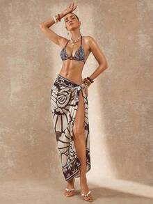 Lumalex 女士性感露背打结挂脖斑马纹分叉比基尼套装，适合海滩和度假 - 彩色 - 查看 9