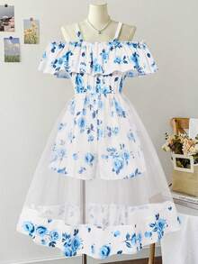 Girls' Woven Digital Print Jumpsuit With Mesh Skirt Hem, Ruffled One-Shoulder Design, Bohemian Style Jumpsuit Suitable For Casual, Holiday Wear In Spring/Summer - Blue - View 3