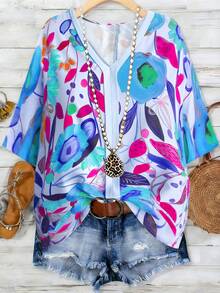 Linhara 大码女式复古宽松刺绣圆领抽绳短袖亚麻衬衫，休闲百搭上衣 - 藍色 - 查看 1