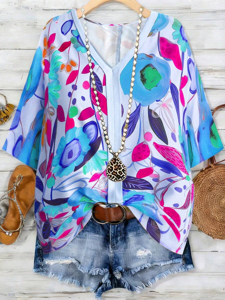 Linhara 大码女式复古宽松刺绣圆领抽绳短袖亚麻衬衫，休闲百搭上衣 - 藍色 - 查看 1