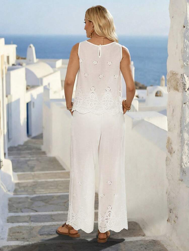Women's Summer Vacation Hollow-Out Embroidered Top And Pants 2 Pieces Set Summer Outfits For Women Vacation Outfits Women Holiday Outfits For Women Summer Holiday Outfits Country Concert Outfit Two Piece Set Women Summer Two Piece Set 2 Piece Vacation Outfit Two Piece Vacation Set 2-Piece Going Out Sets For Women White Two-Piece Outfit For Women Matching Sets For Women