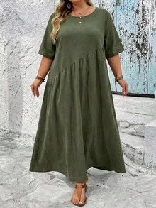 SHEIN CURVE+ Curve 尺码 US22 音乐节、海滨度假、波西米亚风女士纯色圆领短袖褶皱宽松休闲连衣裙 - 綠色 - 查看 6