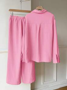 SHEIN EZwear 女士骑士印花单排扣长袖上衣和阔腿裤休闲套装，女士冬季睡衣套装，女士家居服衬衫套装，女士Polo衫运动服，女士家居服品牌服装 - 粉色 - 查看 2