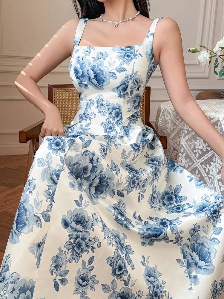 Women's Elegant Floral Print Sleeveless Square Neck Midi Dress, Summer,Wedding Guest Dress Women Sundress Boho