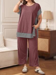Miaspire Plus Size Striped Patchwork T-Shirt + Pants, Grey 2 Pieces Set - Rusty Rose - View 2