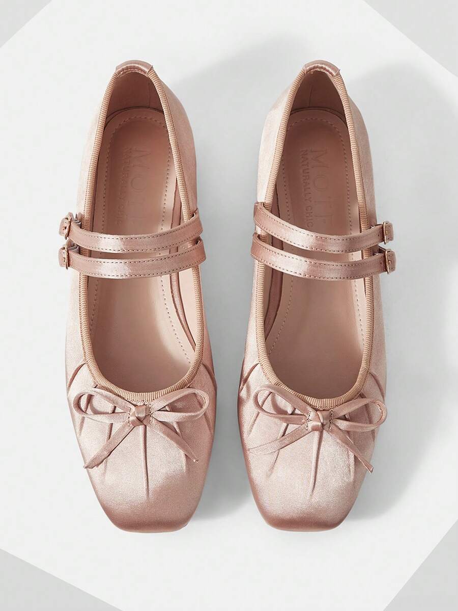 MOTF WOMEN'S ELEGANT MINIMALIST COMMUTING SOLID COLOR BOW DECOR DOUBLE BUCKLE STRAPS BALLET FLATS SHOES FOR CHRISTMAS - Khaki - View 1