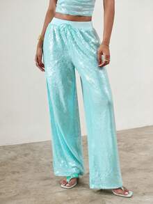 SHEIN ICON Quần ống rộng dáng suông màu trơn đính sequin, thích hợp cho nữ, phong cách thường ngày, dự tiệc. - Màu xanh nước - Xem 6