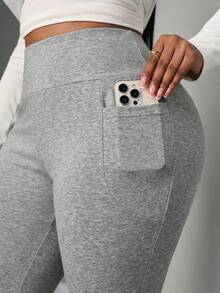 SHEIN PETITE CURVE 大码女装秋冬返校休闲家居服瑜伽舒适户外纯黑色针织弹力腰高腰口袋喇叭裤，带口袋打底裤 - 淺灰色 - 查看 5