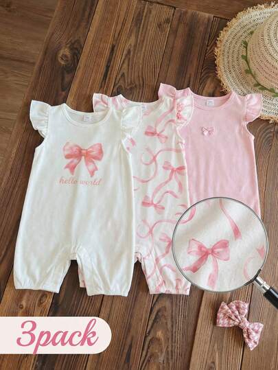 SHEIN Playful Pals Baby Girl Round Neck Letter & Bow Decor Cap Sleeve Romper
