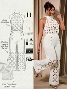 SHEIN Clasi 大码女式纯色露背镂空上衣和阔腿裤两件套，时尚日常穿着 - 白色 - 查看 3