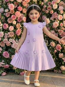 Elladie kids 女童夏季新款圆领A字连衣裙，荷叶边袖，褶裥下摆，正面花朵装饰，背面钥匙孔设计，休闲复古风红色连衣裙 - 淡紫色 - 查看 12