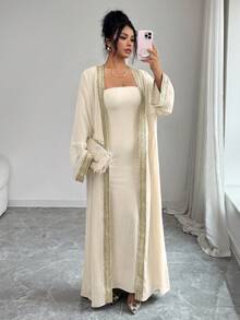 Rafferiza 女士春秋季服装，约会装，中东长袍和紧身针织连衣裙两件套，黑色 - 杏色 - 查看 6