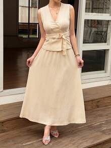 DAZY Bộ đồ 2 món bằng vải lanh tối giản phong cách vintage mùa xuân hè dành cho nữ, gồm áo không tay dáng rộng và chân váy dài. - Màu be - Xem 3