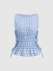 Sweetra Áo kiểu nữ mùa Xuân/Hè mới, thiết kế thanh lịch, màu xanh kẻ caro, chất liệu retro, tối giản, dáng ôm. - Màu xanh lam - Xem 4