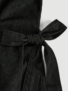 Maija 大码女式圆领侧系带休闲无袖牛仔连衣裙 - 黑色 - 查看 4