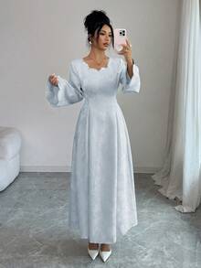 Yasmyna 女士提花绿色水钻系带修身A字优雅阿拉伯连衣裙 - 藍色 - 查看 5