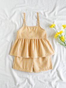 SHEIN Vintaside Kids 女童格子吊带背心和直筒短裤套装（2件套），休闲舒适，百搭夏季单品，适合外出、上学、居家穿着。 - 黃色 - 查看 5