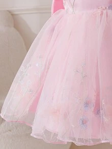SHEIN Glamorique Kids 女婴生日派对婚礼节日礼服，粉色刺绣薄纱蓬蓬公主裙，带3D蝴蝶结 - 粉色 - 查看 6