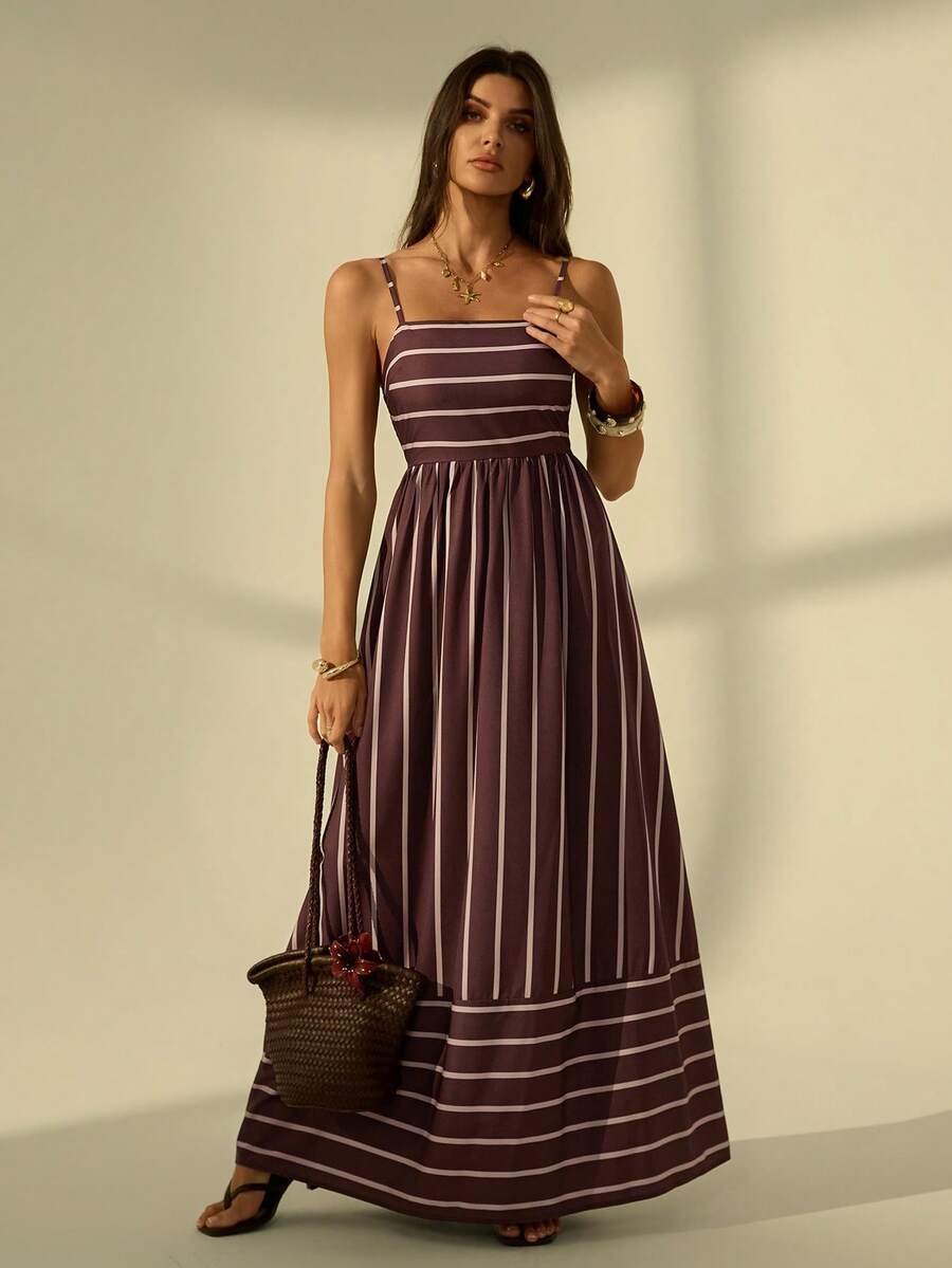 SHEIN Tall Đầm hai dây kẻ sọc dáng suông thoải mái cho nữ, đầm maxi chữ A cạp cao kẻ sọc phối màu, đầm slip màu nâu, đầm maxi kẻ sọc, đầm kẻ sọc màu nâu hồng, đầm maxi cổ vuông dáng suông kiểu Pháp cổ điển ôm dáng cho nữ, đầm nghỉ hè thanh lịch, đầm thanh lịch cho nữ, đầm đi nghỉ mát, trang phục nghỉ hè.
