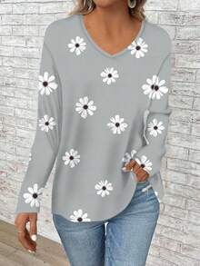 EMERY ROSE Plus Size Women V-Neck Long Sleeve Loose T-Shirt Gym Brown Autumn - Multicolor - View 4
