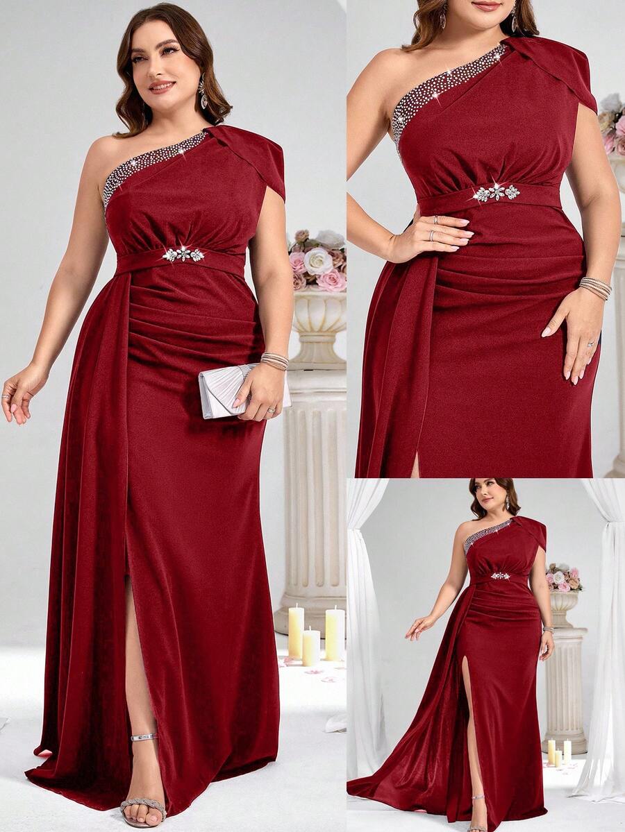 Coutiva Women's Plus Size Elegant Rhinestone One-Shoulder Split Formal Evening Gown,Red Winter Sequin Mermaid Fishtail Dress For Dinner Wedding Gala Party - Red - View 1