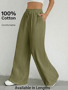 SHEIN Tall CURVE Plus Size Drawstring Waist Wide Leg Pants Fall - Army Green - View 1