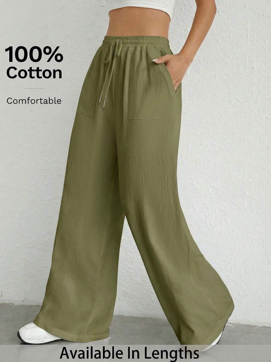 SHEIN Tall CURVE Plus Size Drawstring Waist Wide Leg Pants Fall - Army Green - View 1