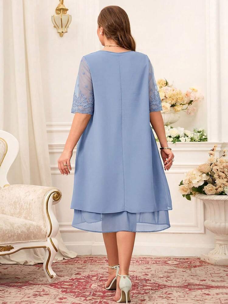Plus Size Lace Patchwork Round Neck Simple Casual Elegant Dress Summer Outfits For Women Modest Dresses For Women Wedding Guest Dress Women Lace Chiffon
