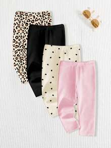 Souflis Souflis 4 Stücke Baby Mädchen einfarbige Leggings/Hosen/Strumpfhosen Set mit elastischem Bund, süßes Leoparden Muster & Herz Design, Frühlings-/Sommer-Outfits, Frühlings-Stimmung, Sommer-Stimmung, Frühlings- & Sommer-Outfits, bequem und stylisch, Mädchen Set für Alltag Outfit, Kinder Blumen Grafik Kleidung, Frühlings- & Sommer-Set, neuer Stil, Entspannung, Frühlings-Stimmung Sommer-Urlaub - Verschiedenfarbig - Übersicht 2