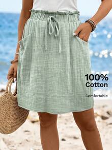 Sylviya 女士夏季半身裙，荷叶边装饰，松紧腰带，双口袋，休闲百搭 - 綠色 - 查看 1