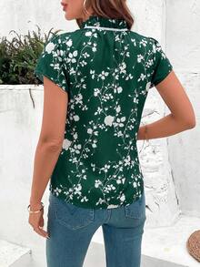 SHEIN Clasi Women's Elegant Ruffle Bow Tie Floral Print Short Sleeve Blouse, Spring/Summer,Summer Top - Dark Green - View 2