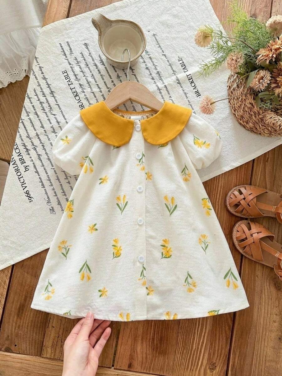 SHEIN LMoss Kids 女婴碎花褶皱领连衣裙 - 黃色 - 查看 1