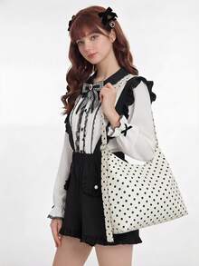 ROMWE Kawaii Túi đeo vai nữ, Túi xách vải hình lưỡi liềm chấm bi thời trang - trắng - Xem 5