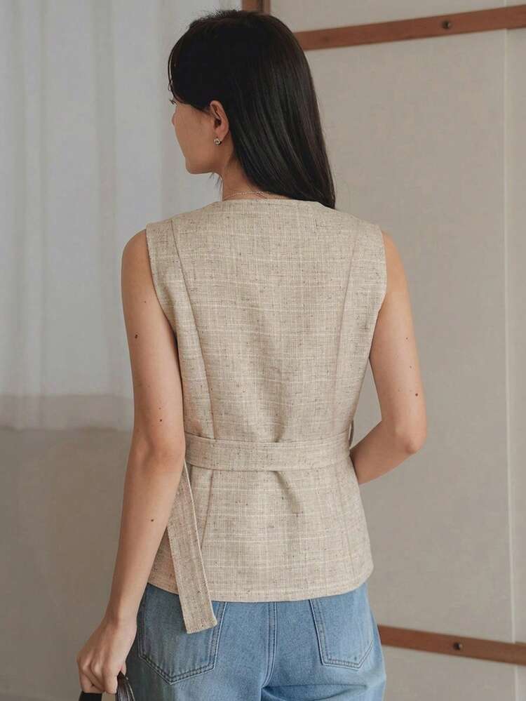 Women's Solid Color Sleeveless Belted Casual Vacation Summer Thin Jacket