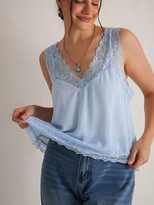 Freevana 大码浪漫优雅早春新款蕾丝拼接女式吊带背心 - 淺藍色 - 查看 6