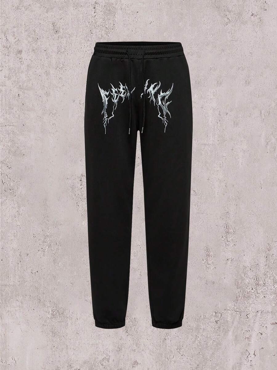 Skyrend Krometka 男士休闲街头运动裤，流光溢彩金属印花，抽绳腰带，引领时尚运动休闲风 - 黑色 - 查看 1