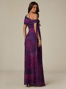 SHEIN BAE Đầm dạ hội thanh lịch dành cho nữ, kiểu dáng nhuộm tie-dye, cổ lệch, đuôi cá. - Màu tím - Xem 2