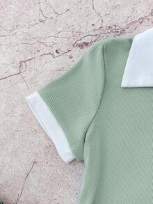 Sage Green,Summer,Elegant,Graduation,Back-To-School Kids Teen Girls Contrast Collar Ribbed Knit Butterfly Embroidery Snug Fit Casual Button Dress - Mint Green - View 6