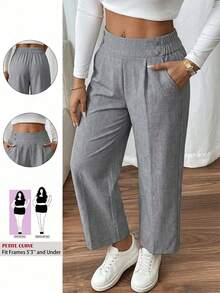 SHEIN PETITE CURVE 大码纯色斜插口袋褶裥休闲裤 - 灰色 - 查看 1