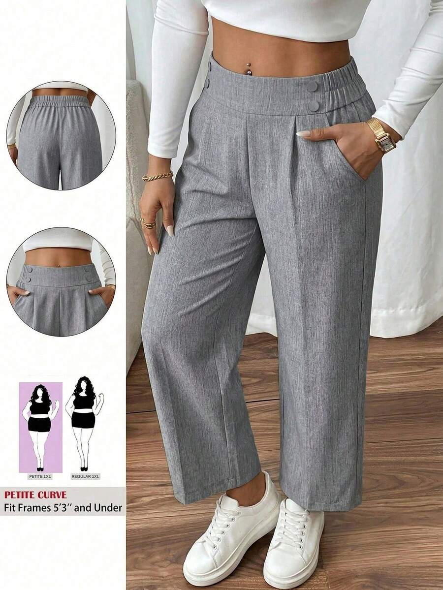 SHEIN PETITE CURVE 大码纯色斜插口袋褶裥休闲裤 - 灰色 - 查看 1